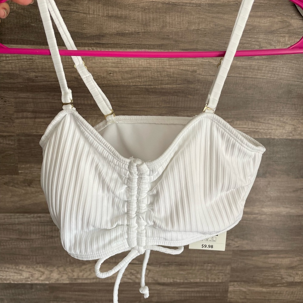 NWT White Ribbed Swimsuit Top with Front Drawstring
